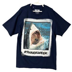 Shark Week Graphic Tee Navy Blue Short Sleeve Boys Size Large 100% Cotton EUC